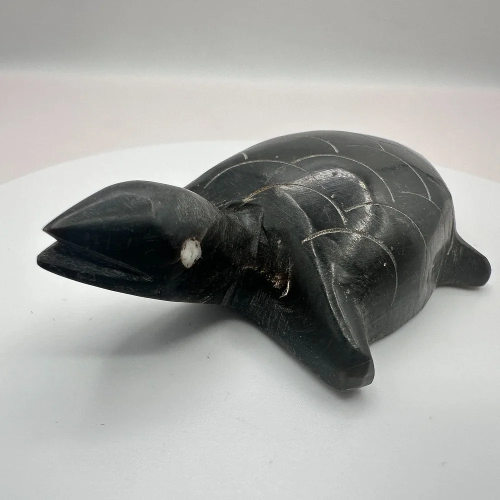 Vintage 90s Black Turtle Figurine Inlay Eyes Hand Carved Home Decor Accessories
